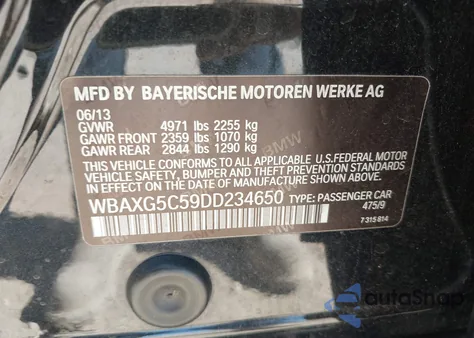 2013 BMW 528I из США, поврежденный, VIN WBAXG5C59DD234650